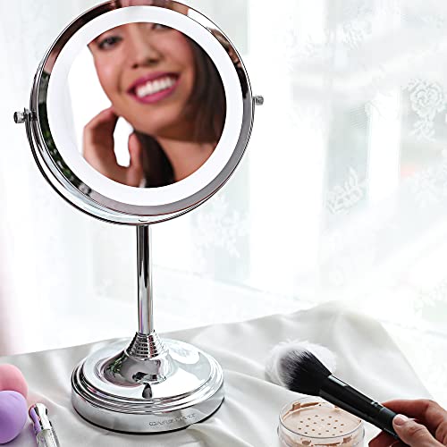 Image of OVENTE 7'' Lighted Tabletop Makeup Mirror, 1X & 7X Magnifier, Spinning Double Sided Round LED, Great for Vanity, Bath, & Bedroom, Battery Powered, Polished Chrome MCT70CH1X7X (Pack of 2)