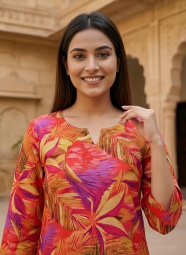 Image of NAINVISH Women's Printed Rayon Blend Co-ord Set | Straight Fit Top & Pant Ensemble | V-Neck Mandarin Collar Styles | Modern Black, Orange, Purple, Green Designs | Perfect for Casual, Festive Events