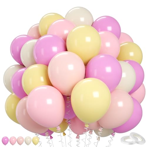 Image of Biapian Pink and Yellow Balloons Set, 60 Pcs Light Pastel Pink Macaron Yellow Sand White 12 Inch Latex Balloon Helium for Girls Bee Bear Theme Birthday Bridal Wedding Baby Shower Party Decorations