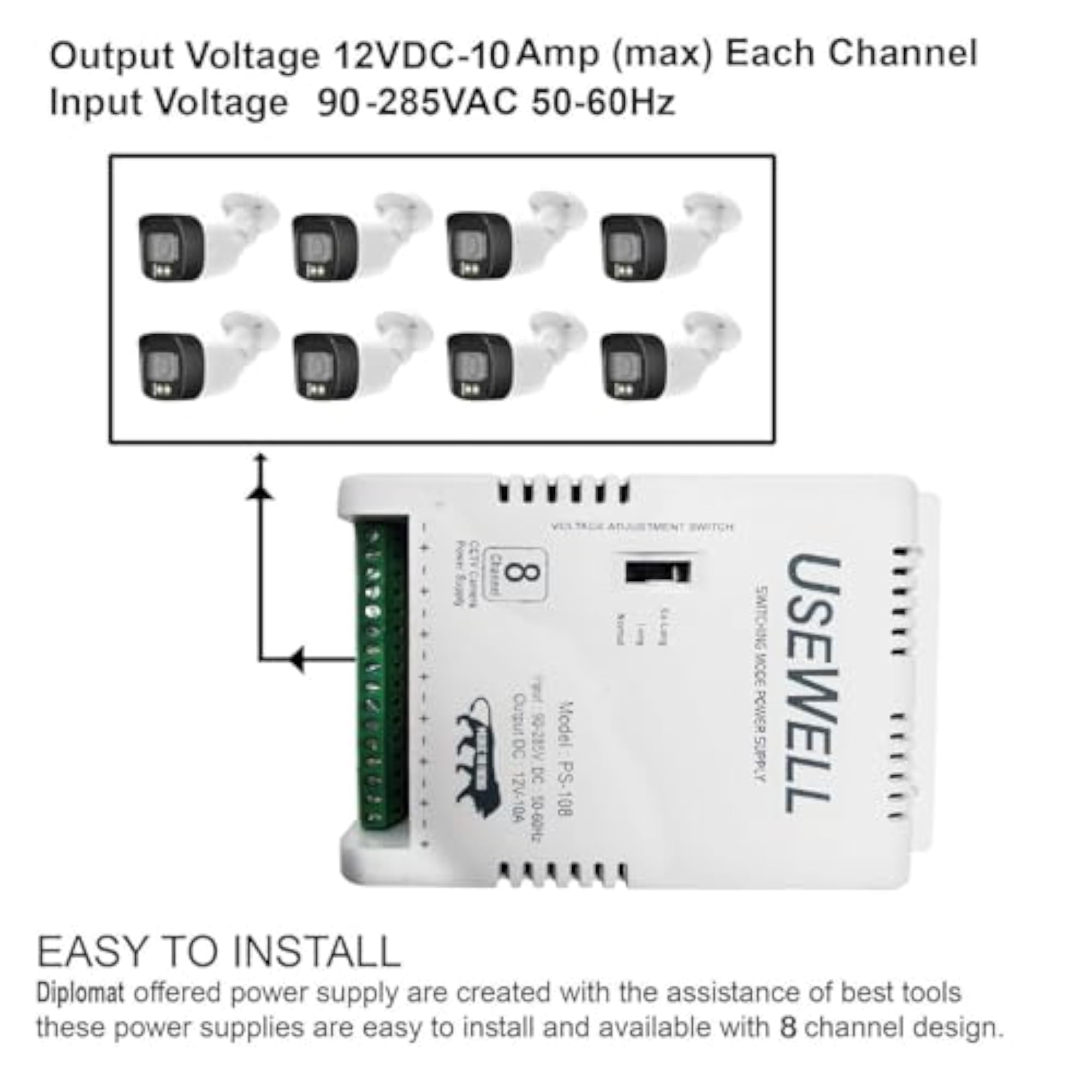 8 SMPS for CCTV Cameras, 10 Amp, 12 Volt