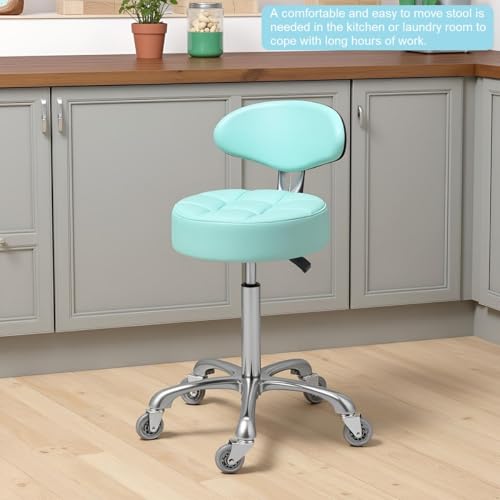 Image of Kaleurrier Rolling Stool with Back Support: Adjustable Height 22-30 inches for Nail Lash Tech Stylist - Heavy Duty Stool Chair with Wheels for Salon Shop Office Kitchen Garage Workshop