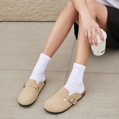 Image of Dumalum Suede Clogs for Women & Men - Comfort Cork Footbed with Arch Support - Adjustable Buckle Mules Slip-On Sandals Unisex Potato Shoes Home Slippers