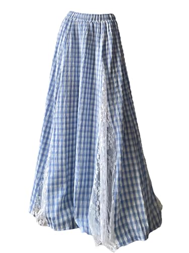 Women Plaid Skirt Blue and White Elastic Waist Elegant Long Dress Lace Maxi Flared Skirt
