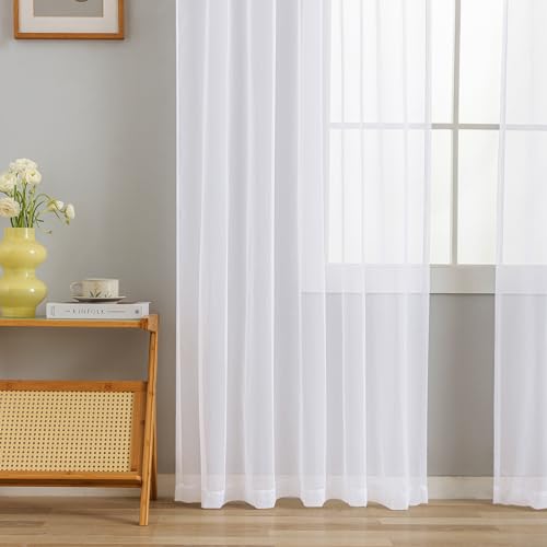 Image of White Sheer Tulle Curtains - 2 Panel Sets, 90 Inch Long, Rod Pocket, for Bedroom & Living Room