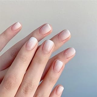 JUSTOTRY 24 Pcs Nude Square Short False Nails,Gradient White French Press on Nails Pattern, Fake Nails Medium with Nail Glue,Stick on Nails for Women,Squoval Nails Fake Nail for Nails Art
