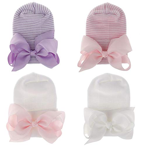 Adeimoo Newborn Hospital Hat Baby Girls Hat Cap With Bow Soft Cute Infant Knot Nursery Beanie (4 Pack Ribbon Bow A / 0-3 Month) #TOP1