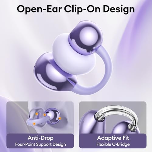 Image of PAXA Stylish Open Ear Clip On Earbuds with Removable Butterfly Earring, Clip On Headphones with LCD Touch Screen, Fashionables Open Ear Headphones for Women, Butterfly Earring Purple Earbuds