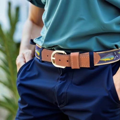 ZEP-PRO Dolphin Mahi Men's Woven Ribbon Belt – Mahi-Mahi Game Fish Ribbon With Navy Webbing and Tan Full Grain Leather Tabs – 1.25" Wide Outdoor Lifestyle Accessory, Size 343