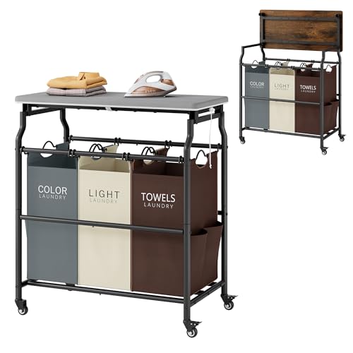 Hoctieon 3 Section Laundry Sorter Cart with Ironing Board, Laundry Hamper Basket with Shelf and Wheels, Heavy Duty Clothes Organizer, Large Clothes Separator with Removable Bags, Brown+Gray+Beige