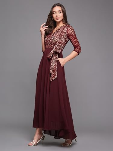 Image of Miss Chase Women's Floral Printed Relaxed Fit V-Neck 3 /4th Sleeve Maxi Dress