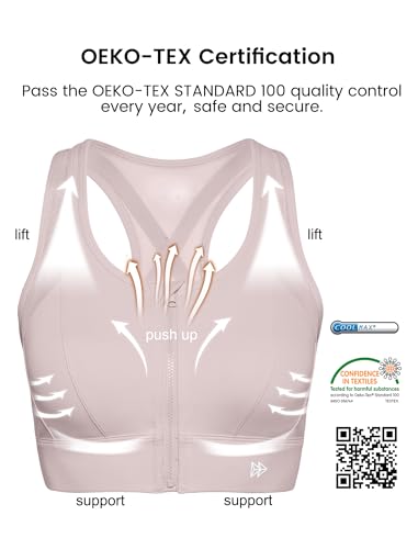 Image of Yvette High Impact Zip Front Sports Bra for Women | Supportive, Breathable Mesh Racerback, Nonremovable Cups, Wireless, Easy on and off, Running