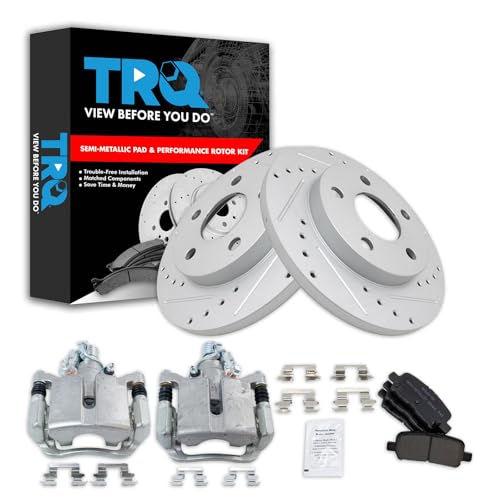 Image of TRQ Performance Rear Brake Pad and Rotor Set Semi Metallic Coated Drilled | For 05-09 Buick LaCrosse 11-13 Chevrolet Impala 14-16 Impala Limited 05-08 Pontiac Grand Prix