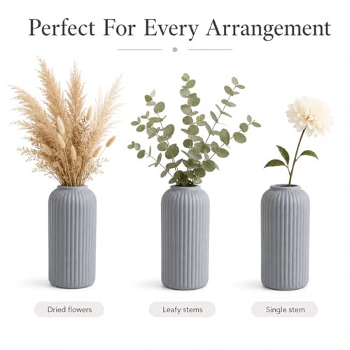 Image of Grey Ribbed Ceramic Flower Vase 6 Inch Matte Pampas Grass & Dried Flower Vase for Home & Office Table Decor Decorative Centerpiece Gift - Vase Only