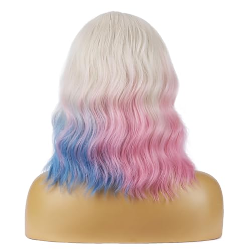 Image of BERON Blonde Ombre Pink Blue Wigs Short Curly Bob Wig for Women Ombre Color Wavy Synthetic Hair Wigs Daily Use