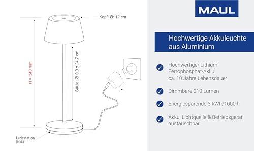 MAUL Akku Tischleuchte MAULnina | Tischlampe kabellos mit langlebigem Akku | Tischlampe aufladbar bis zu 10h Beleuchtung | Lampe dimmbar für Schreibtisch, Nachttisch & Outdoor | Schwarz