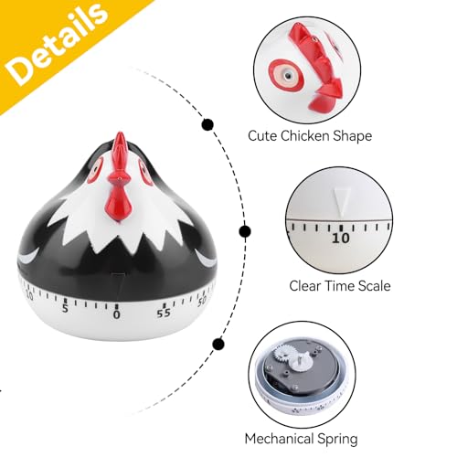 60 Minute Mechanical Kitchen Timer Chicken Shaped Timer Cute Cartoon Chicken Kitchen Countdowntimer with Loud Alarm Wind Up Cookingtimer 2.55×2.55inch Mechanical Rotating Reminder Baking Cooking - Image 3