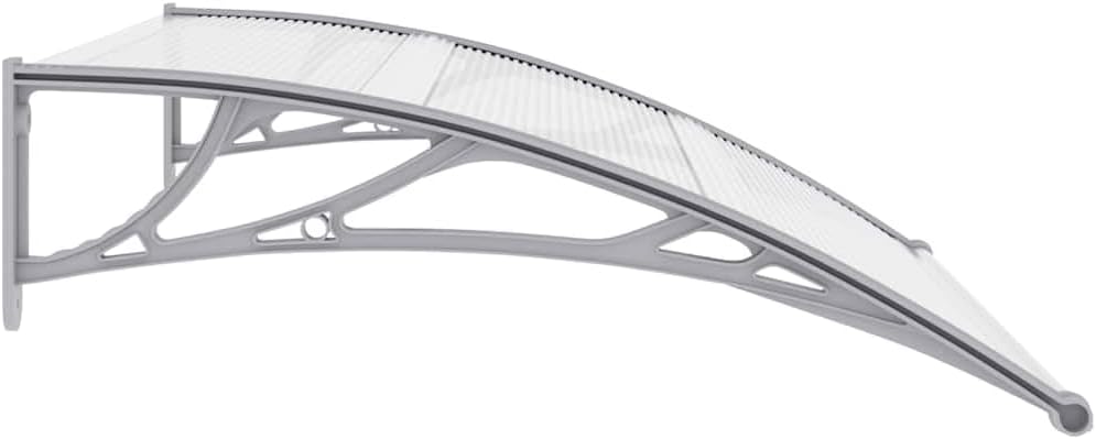 Side view of the assembled awning with polycarbonate panel and grey bracket