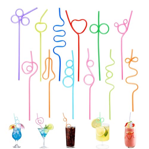 Pajitas con Nudo Rizado, 12 Pajitas de Cóctel Coloridas, Pajita Reutilizable, Pajita de Rizada para Fiesta de Cumpleaños, Decoración de Jugo, Cócteles, 10 Colores, 12 Formas