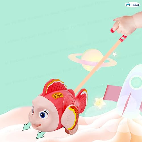 Image of FunBlast Pull Along Fish Toy for Kids - Push & Go Walking Toy, Early Learning Crawling Toys for Toddlers, Colorful Pull Toys for Boys & Girls (Multicolor) (Pink)