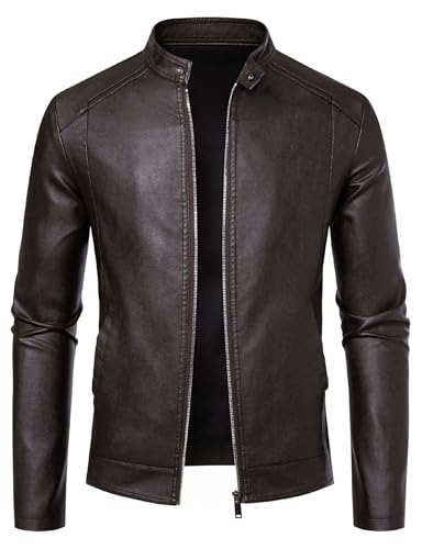 ZFBAOJT Leather Jackets for Men Faux Leather Stand Collar Motorcycle Bomber Jacket, Coffee, XX-L