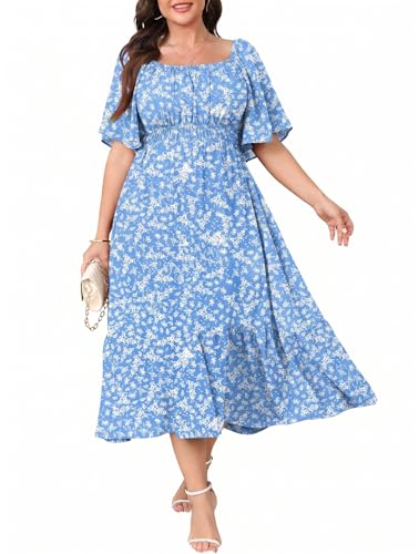 Image of CICIDUDU Plus Size Smocked Maxi Dresses for Curvy Women Square Neck Flowy Casual Summer Wedding Guest Dress