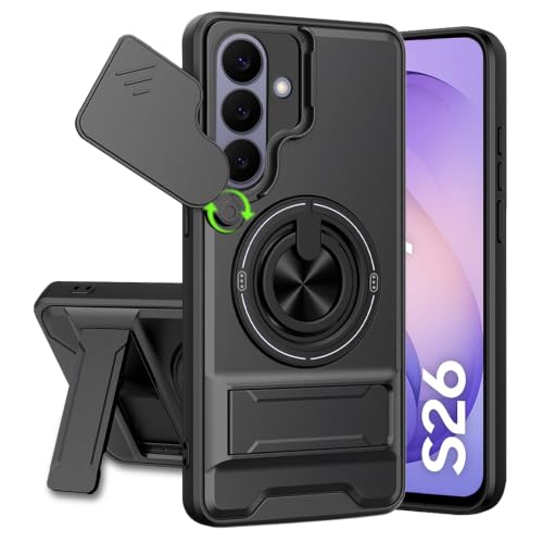 Image of Samsung Galaxy S26 5G Back Cover | Armor Camera Slider 360 Degree Rotating Finger Ring Holder Case with Bracket Stand Back Case Cover (Compatible with MagSafe Accessories) (Black)