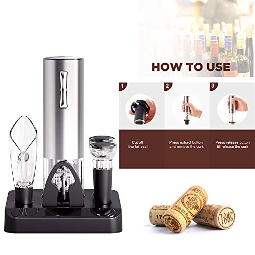 COKUNST Electric Wine Opener Set, 4-in-1 One-click Button Bottle Openers with Wine Pourer, Vacuum Stoppers, Foil Cutter for Wine Lovers Home Kitchen Party Wedding Bar - USB Rechargeable (Silver) - Image 3