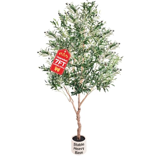 Large Olive Trees Artificial Indoor, Upgraded 7FT Faux Olive Tree with Natural Wood Trunk and...