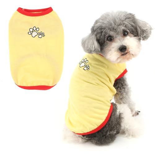 RANPHY 犬 服 春 夏 犬の服 小型犬 超小型犬 刺繍さ犬の足 Tシャツ 通気性 薄手 おしゃれ タンクトップ 涼しいベスト袖なし 人気チワワ服 猫用服 ドッグウェア 部屋着 お散歩お出かけ日焼き防ぐ抜け毛防止,イエロー,S