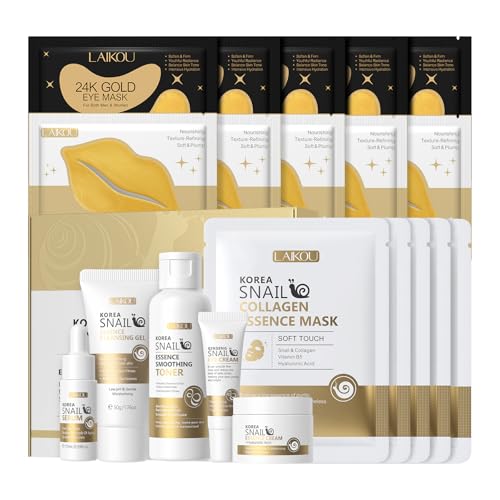 Image of LAIKOU Korean Skin Care, Skin Care Set, Face Mask, Eye Mask, Lip Mask with Cleansing Gel, Toner, Eye Cream, Serum, Essence Cream for Women Teen Girls Mom Daughter Mother's Day Christmas Birthday