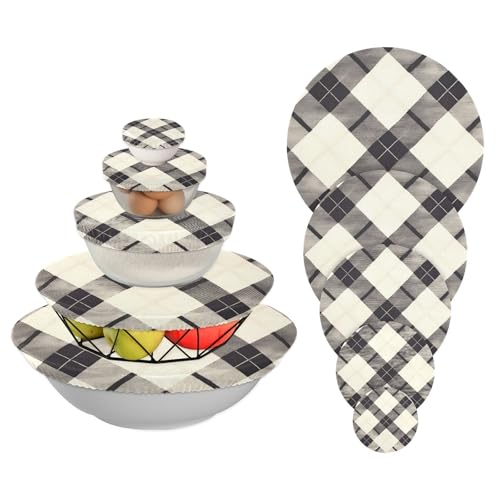 5 fundas elásticas para tazones de 5 tamaños, tapas de masa madre para alimentos, ensalada de frutas, ecológicas (cuadros negros y beige)
