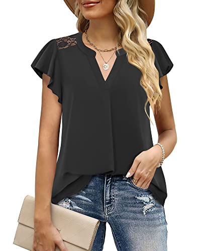 Gaharu Ruffle Tops for Women, Ladies Chiffon Short Sleeve Blouses Elegant V Neck Summer Work Shirt and Blouse Black,M
