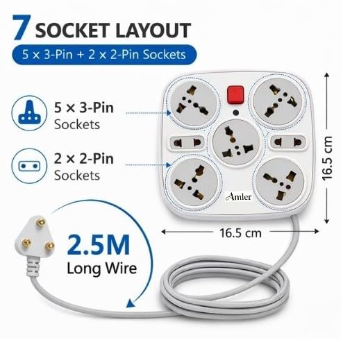 Image of 7 Socket Extension Board with Switch | 5 Universal 3‑Pin + 2 Two‑Pin Sockets | 2.5 Meter Heavy Duty Power Strip | Multi Plug Spike Guard Extension Board for Home, Office & Appliances