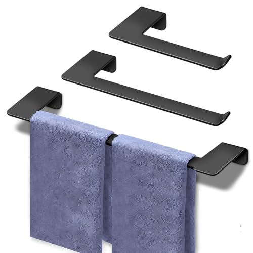 Matte Black Bathroom Hardware Set - 3-Piece Towel Bar Set with 16" Towel Bar, Hand Towel Holder, Toilet Paper Holder + 9 Adhesive Hooks - Ideal for Apartments, Rentals, Small Bathrooms & Organization