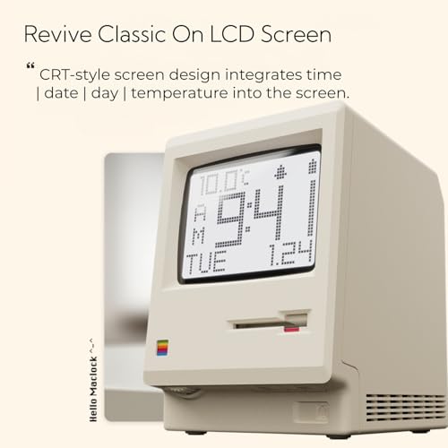 Image of OIJ Maclock Retro Pixel Alarm Clock, 1984 Computer-Inspired USB Desk Clock with Pixel Display, Multiple Alarms, Adjustable Brightness, Calendar, Temperature