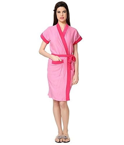 ELEVANTO Collection Half Sleeve Soft Terry Cotton Bathrobe-Free Size (Pink with Rani Strips)