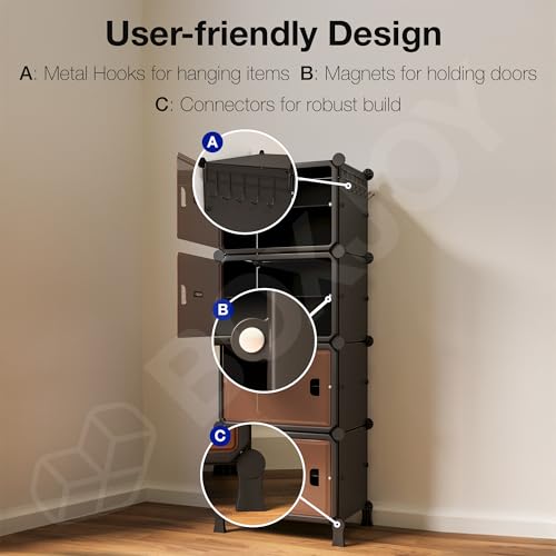 Image of BOXJOY 8 Shelf Black Shoe Rack for Home with 4 Brown Doors, Hard PET Plastic with Metal Door Frame, Shoe Chappal Slipper Sandals Stand