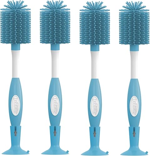 Image of Dr. Brown's Soft Touch No Scratch Baby Bottle Cleaning Brush, Nipple Cleaner and Suction Cup Base for Easy Storage, BPA-Free, Blue, 4-Pack