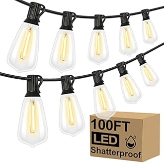 Brightever LED Outdoor String Lights 100FT Patio Lights with 52 Shatterproof ST38 Vintage Edison Bulbs, Outside Hanging Light Waterproof for Porch, Deck, Garden, Backyard, Balcony, 2700K Dimmable