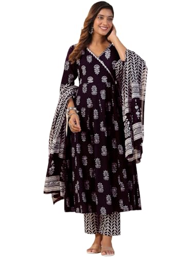 Image of Tee Projekt Women's Cotton Blend V-Neck Anarkali Kurta Pant with Dupatta Set ll Floral Kurta Set for Women