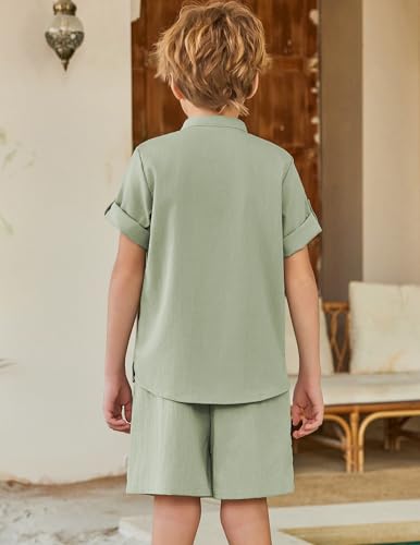 Image of Arshiner Boy's 2 Pieces Linen Sets Short Sleeve Henley Shirt and Shorts Summer Beach Matching Outfits 4-12 Years