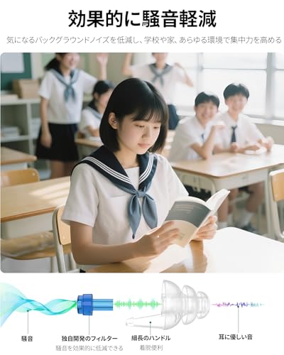 Quietide 子供用耳栓 集中 集中力アップ耳栓、聴覚過敏、不安やストレス緩和、家、学校、遊びの場に最適 聴覚障害予防イヤープラグ 勉強 通学 飛行機 電車 繰り返し使用可能 Q53 transparent blue M