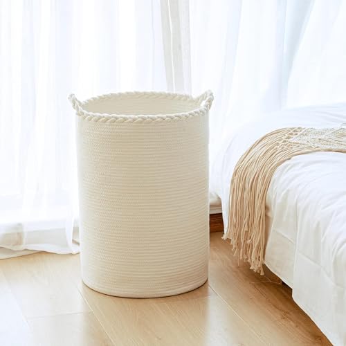 Image of ALBY Woven,Tall Wicker Laundry Basket for Blankets,Clothes,Pillows,Toys,Shoes Large Cotton Laundry Hamper for Bedroom Living Room Bathroom Nursery (72L /Extra Large16 inchD x 22 inchH, PURE WHITE)