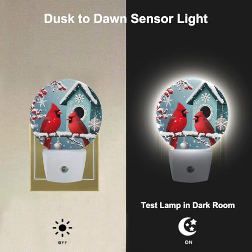 Image of Bird Cardinal Night Light Snowy Tree Red Birds on Branch Winter Plug-in Nightlight Energy Saving 0.5W LED Lighting for Boys Girls Men Women