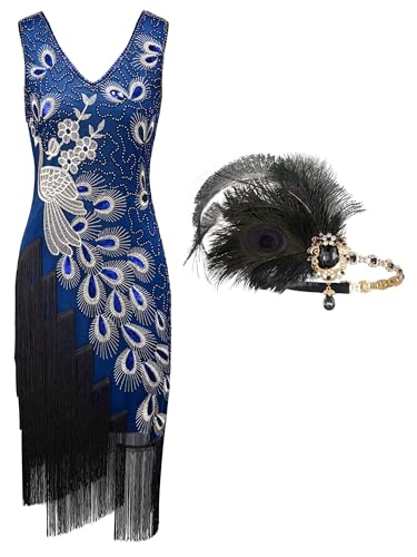 SWEETV Women's 1920s Vintage Peacock Flapper Dresses Sequin Beaded Fringed Gatsby Dress with Feather Headband Blue X-Large