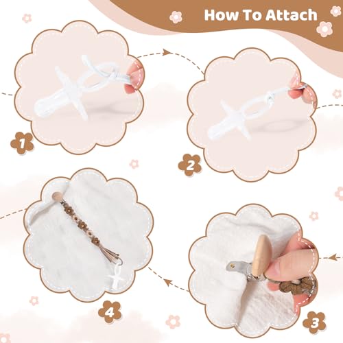 Image of Pacifier Clip for Boys Girls Floral Daisy Macrame Baby Paci Clip Pacifier Holder Leash Boho Wooden Clips Handmade Braided Cotton Binky Clips (1pack:Maillard Style)