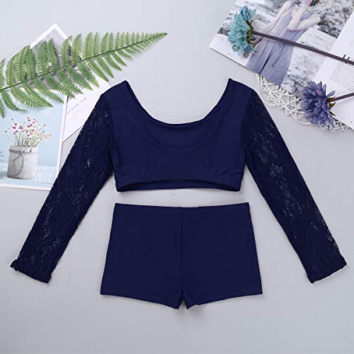 YiZYiF Kids Girls Basic 2 Piece Active Outfit Crop Top and Shorts Set for Gymnastics/Dancing/Workout Zo Long Sleeve Navy Blue 12-14