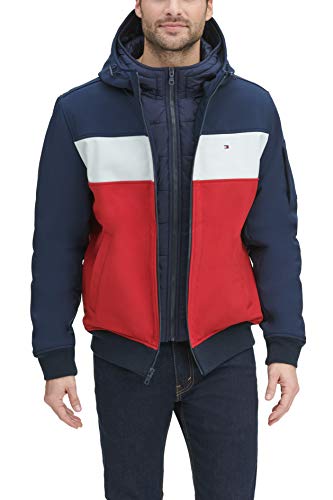 Image of Tommy Hilfiger Men's Soft Shell Fashion Bomber With Contrast Bib and Hood