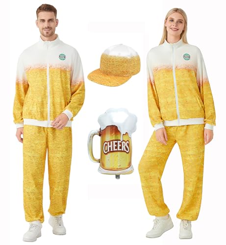 Heionia Bier Trainingsanzug Kostüm für Herren Damen Retro 80er 90er Jahre Outfit Jogginganzug für Halloween Oktoberfest Mottoparty Fasching Karneval (L)