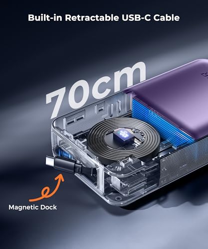 Image of Portable Charger Power Bank - Laptop Battery Pack 65W AC Plug GaN 25000mAh Built in Cable USB C Phone Fast Charging Compatible with iPhone 16 15 14 13 12 11 X iPad MacBook Samsung (Purple)